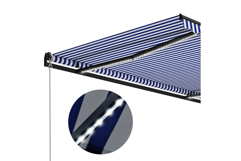 Vidaxl Manual Retractable Awning With Led 300x250 Cm Blue And White Vidaxl Manual Retractable Awning With Led 300x250 Cm Blue And White