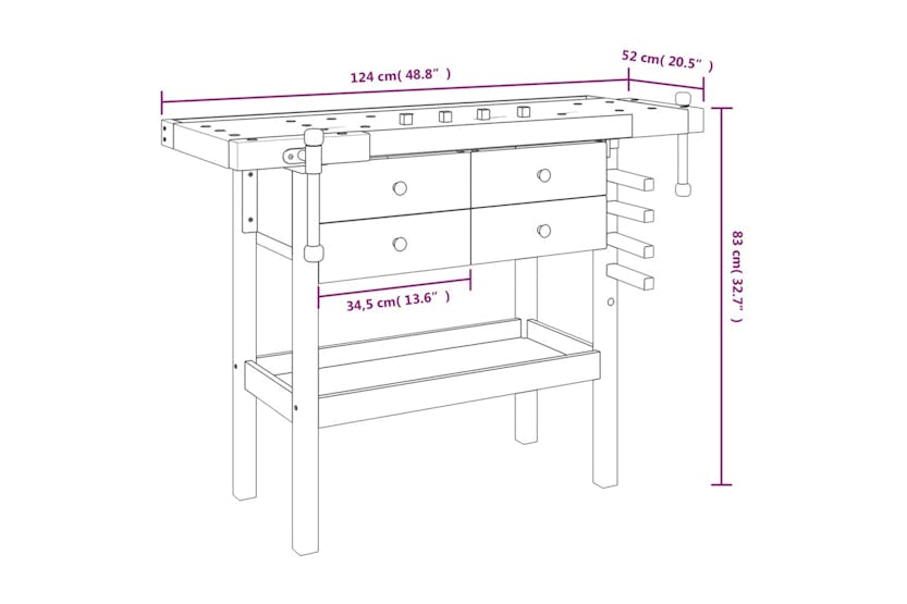 VidaXL Workbench With Drawers And Vices 124x52x83 Cm Solid Wood Acacia VidaXL Workbench With Drawers And Vices 124x52x83 Cm Solid Wood Acacia
