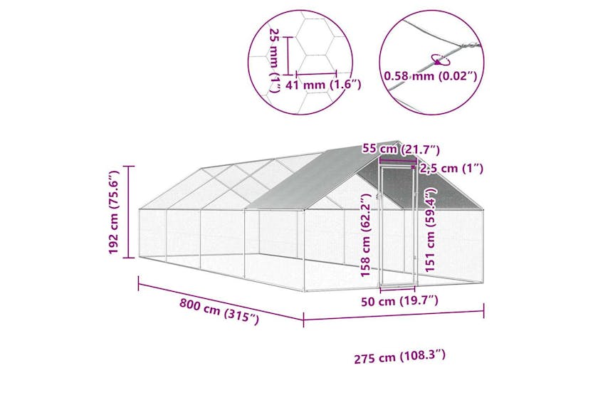 Vidaxl Outdoor Chicken Cage 2.75x8x1.92 M Galvanised Steel Vidaxl Outdoor Chicken Cage 2.75x8x1.92 M Galvanised Steel