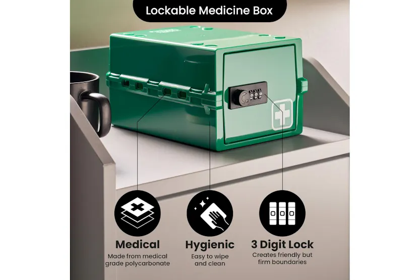 Lockabox Mini™ Medi Green | Small Lockable Medicine Box | 3 Litre Lightweight & Hygienic Combination Lock Box Lockabox Mini™ Medi Green | Small Lockable Medicine Box | 3 Litre Lightweight & Hygienic Combination Lock Box