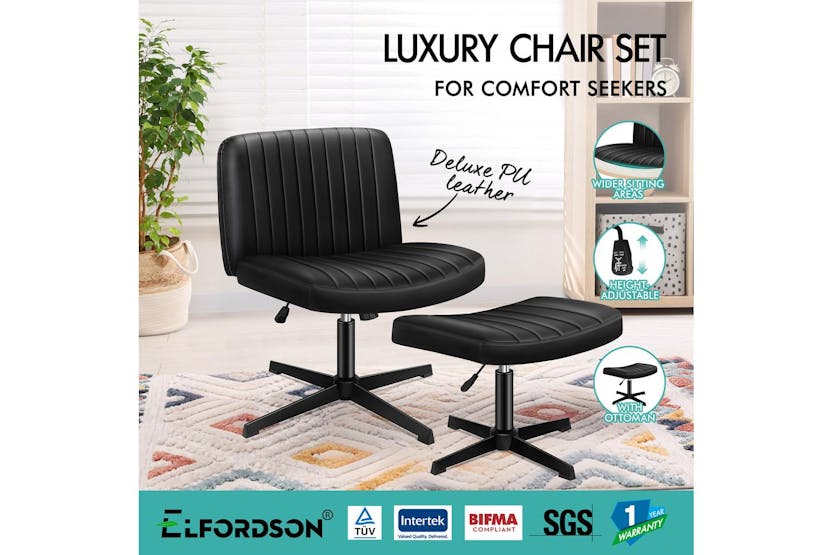 Elfordson Cross Legged Office Chair with Ottoman | Black Elfordson Cross Legged Office Chair with Ottoman | Black