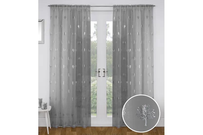 Grey Birch Metallic Tree Print Pair Of Linen Look Voile Panels 140x229cm Grey Birch Metallic Tree Print Pair Of Linen Look Voile Panels 140x229cm