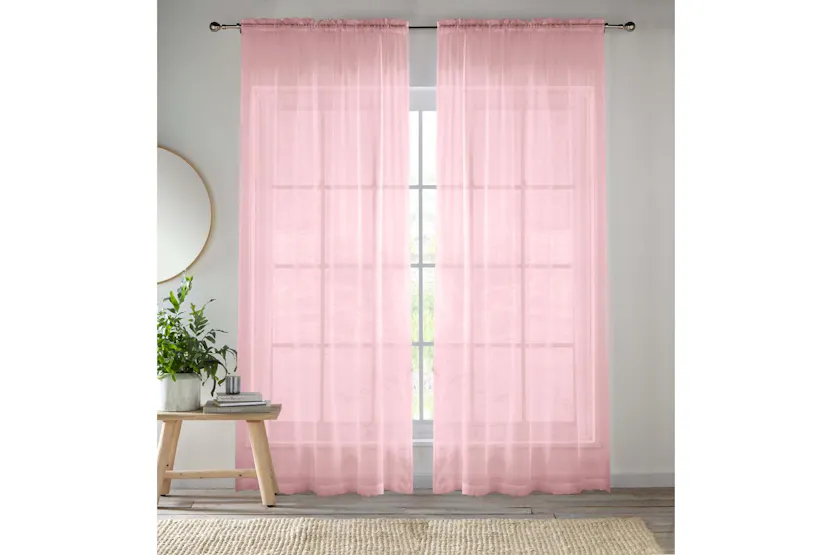 Pink Sheer Pair Of Plain Woven Voile Slot Top Curtain Panels 145x122cm Pink Sheer Pair Of Plain Woven Voile Slot Top Curtain Panels 145x122cm