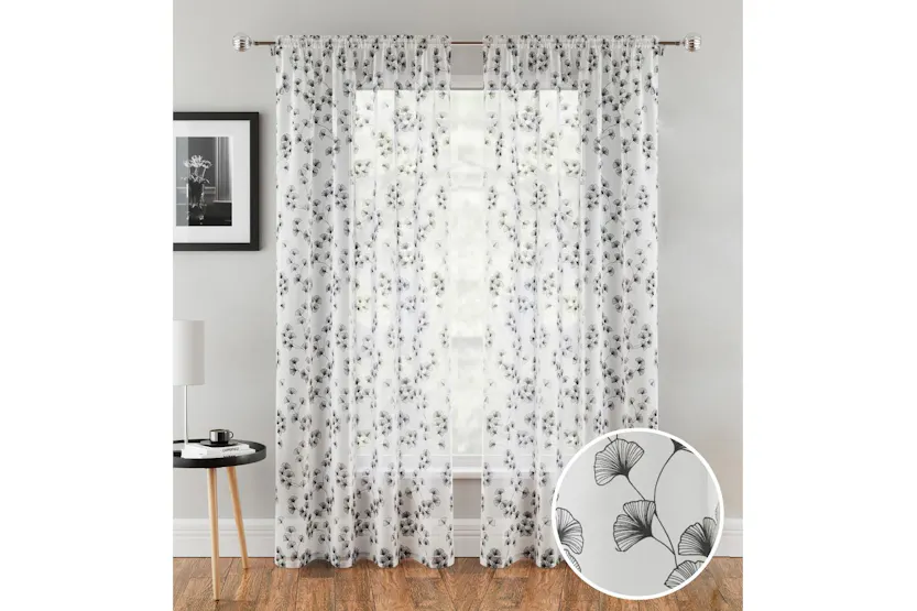 Black Delila Leaf Print Pair Of Voile Panels 140x122cm Black Delila Leaf Print Pair Of Voile Panels 140x122cm