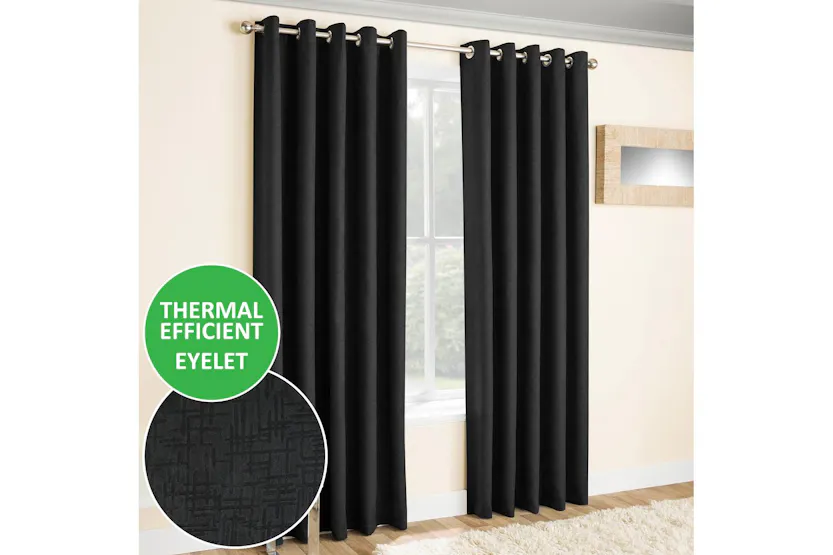Black Eyelet Vogue Pair Of Thermal Noise Reducing Room Darkening Curtains 117x229cm Black Eyelet Vogue Pair Of Thermal Noise Reducing Room Darkening Curtains 117x229cm