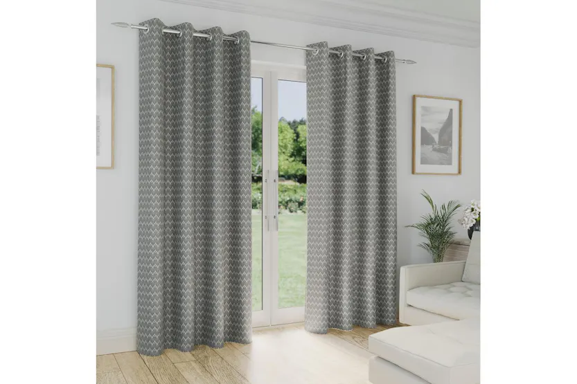 Grey Eyelet Aspen Pair Of Leaf Patterned Thermal Noise Reducing Room Darkening Curtains 168x183cm Grey Eyelet Aspen Pair Of Leaf Patterned Thermal Noise Reducing Room Darkening Curtains 168x183cm