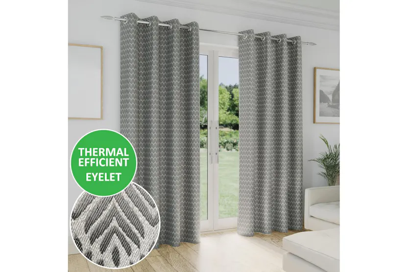 Grey Eyelet Aspen Pair Of Leaf Patterned Thermal Noise Reducing Room Darkening Curtains 229x183cm Grey Eyelet Aspen Pair Of Leaf Patterned Thermal Noise Reducing Room Darkening Curtains 229x183cm