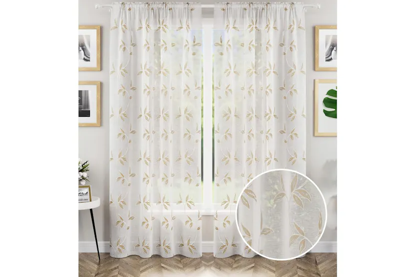 Natural Oasis Rod Pocket Pair Of Embroidered Leaf Design Voile Panel Sheer Curtains 140x122cm Natural Oasis Rod Pocket Pair Of Embroidered Leaf Design Voile Panel Sheer Curtains 140x122cm