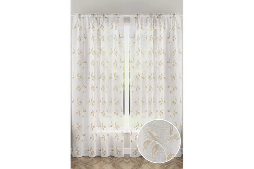 Natural Oasis Rod Pocket Pair Of Embroidered Leaf Design Voile Panel Sheer Curtains 140x122cm Natural Oasis Rod Pocket Pair Of Embroidered Leaf Design Voile Panel Sheer Curtains 140x122cm