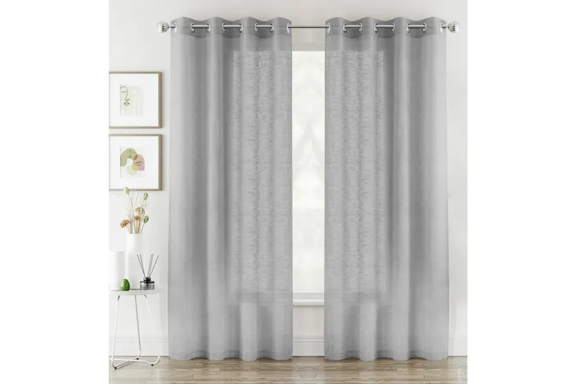 Silver Eyelet Crete Pair Of Plain Luxury Linen Look Sheer Panels 140x137cm Silver Eyelet Crete Pair Of Plain Luxury Linen Look Sheer Panels 140x137cm