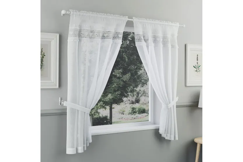 White Lucy Embroidered Heart Kitchen Window Set Pair Of Curtains With Frill Edging And Matching Tie Backs 106cm White Lucy Embroidered Heart Kitchen Window Set Pair Of Curtains With Frill Edging And Matching Tie Backs 106cm