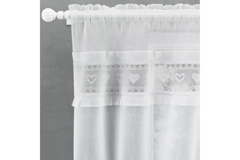 White Lucy Embroidered Heart Kitchen Window Set Pair Of Curtains With Frill Edging And Matching Tie Backs 106cm White Lucy Embroidered Heart Kitchen Window Set Pair Of Curtains With Frill Edging And Matching Tie Backs 106cm