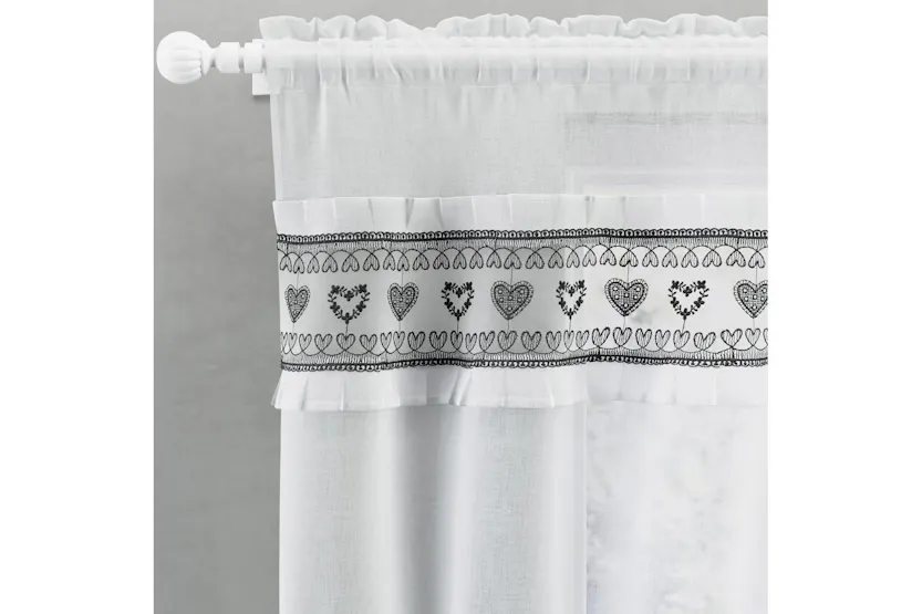 Black Lucy Embroidered Heart Kitchen Window Set Pair Of Curtains With Frill Edging And Matching Tie Backs 91cm Black Lucy Embroidered Heart Kitchen Window Set Pair Of Curtains With Frill Edging And Matching Tie Backs 91cm