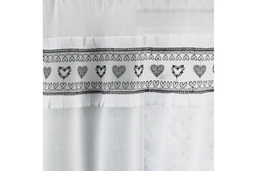 Black Lucy Embroidered Heart Kitchen Window Set Pair Of Curtains With Frill Edging And Matching Tie Backs 106cm Black Lucy Embroidered Heart Kitchen Window Set Pair Of Curtains With Frill Edging And Matching Tie Backs 106cm