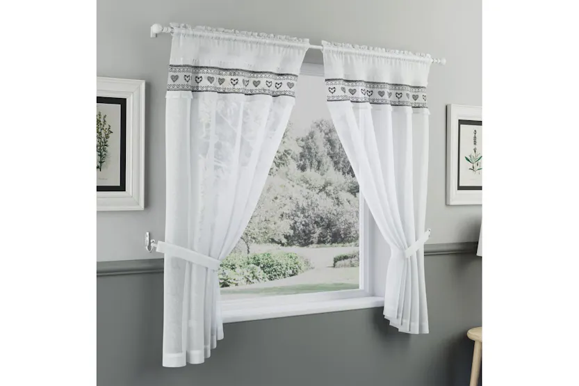 Black Lucy Embroidered Heart Kitchen Window Set Pair Of Curtains With Frill Edging And Matching Tie Backs 137cm Black Lucy Embroidered Heart Kitchen Window Set Pair Of Curtains With Frill Edging And Matching Tie Backs 137cm
