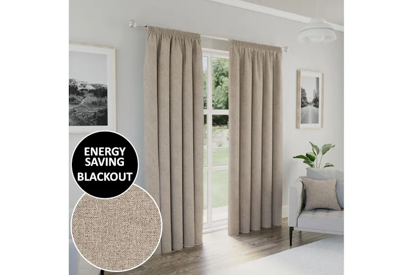 Natural Plain Tape Top Dallas Pair Of Blackout Thermal Noise Reducing Curtains 117x137cm Natural Plain Tape Top Dallas Pair Of Blackout Thermal Noise Reducing Curtains 117x137cm