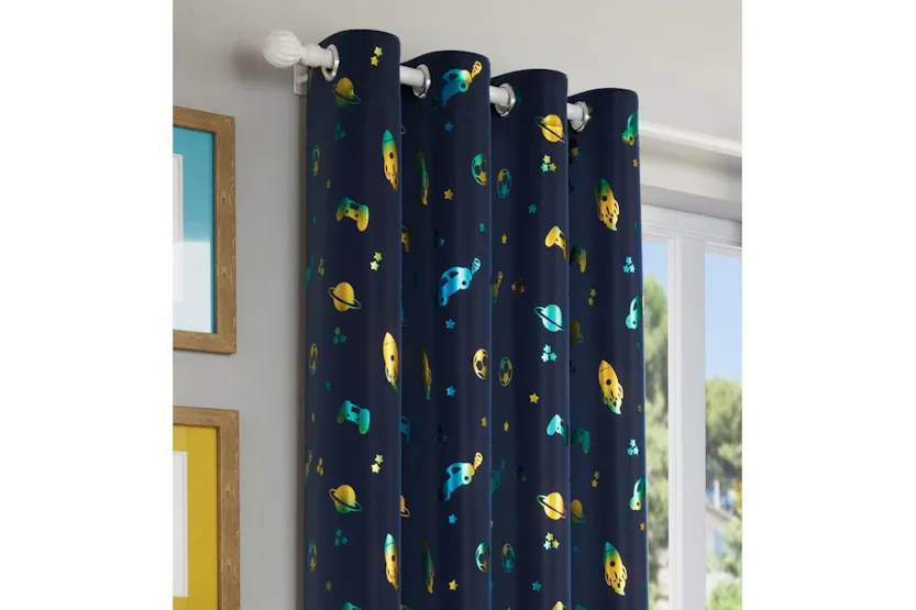 Blue Metallic Eyelet Infinity Pair Of Room Darkening Thermal Noise Reducing Childrens Curtains 168x137cm Blue Metallic Eyelet Infinity Pair Of Room Darkening Thermal Noise Reducing Childrens Curtains 168x137cm