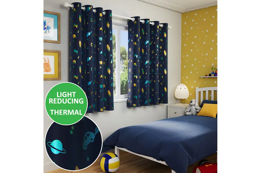 Blue Metallic Eyelet Infinity Pair Of Room Darkening Thermal Noise Reducing Childrens Curtains 168x183cm Blue Metallic Eyelet Infinity Pair Of Room Darkening Thermal Noise Reducing Childrens Curtains 168x183cm
