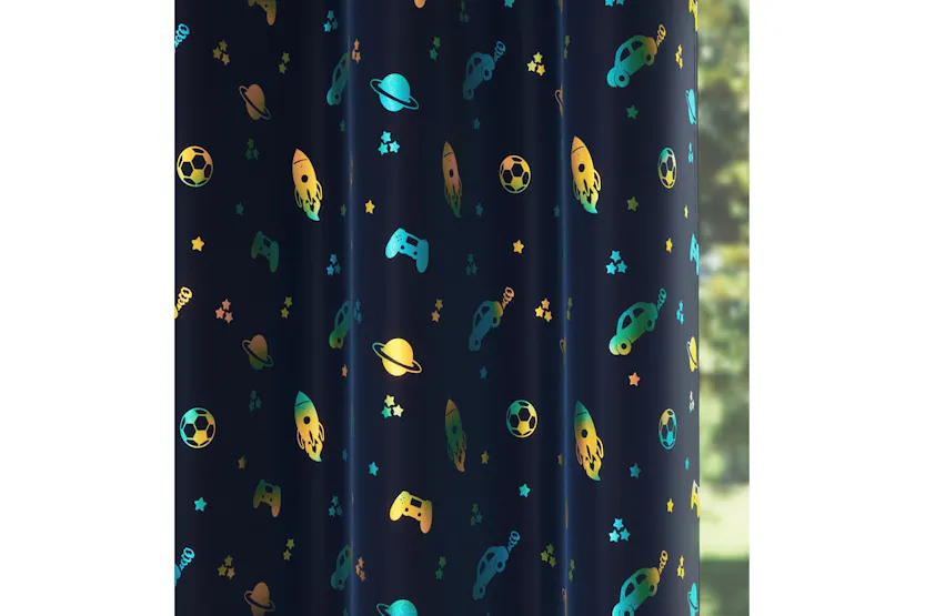 Blue Metallic Eyelet Infinity Pair Of Room Darkening Thermal Noise Reducing Childrens Curtains 168x183cm Blue Metallic Eyelet Infinity Pair Of Room Darkening Thermal Noise Reducing Childrens Curtains 168x183cm
