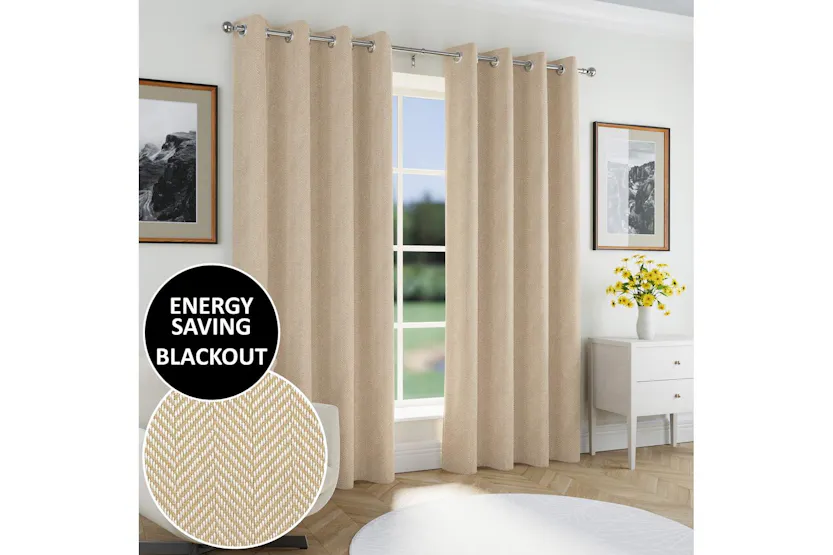 Natural Eyelet Chester Pair Of Herringbone Jacquard Thermal Noise Reducing Blackout Curtains 168x229cm Natural Eyelet Chester Pair Of Herringbone Jacquard Thermal Noise Reducing Blackout Curtains 168x229cm