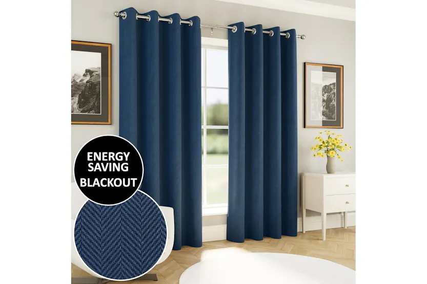 Navy Eyelet Chester Pair Of Herringbone Jacquard Thermal Noise Reducing Blackout Curtains 229x183cm Navy Eyelet Chester Pair Of Herringbone Jacquard Thermal Noise Reducing Blackout Curtains 229x183cm