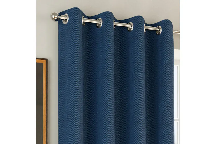 Navy Eyelet Chester Pair Of Herringbone Jacquard Thermal Noise Reducing Blackout Curtains 229x183cm Navy Eyelet Chester Pair Of Herringbone Jacquard Thermal Noise Reducing Blackout Curtains 229x183cm