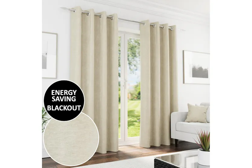 Cream Eyelet Knightsbridge Pair Of Chenille Thermal Noise Reducing Blackout Curtains 229x274cm Cream Eyelet Knightsbridge Pair Of Chenille Thermal Noise Reducing Blackout Curtains 229x274cm