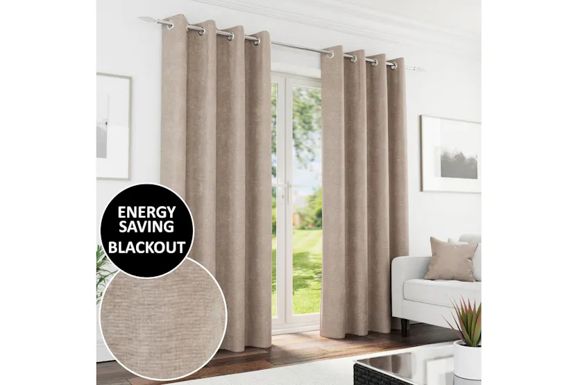 Sand Eyelet Knightsbridge Pair Of Chenille Thermal Noise Reducing Blackout Curtains 229x183cm Sand Eyelet Knightsbridge Pair Of Chenille Thermal Noise Reducing Blackout Curtains 229x183cm