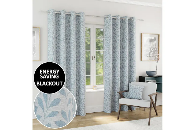 Ice Blue Eyelet Sherwood Pair Of Jacquard Leaf Design Thermal Noise Reducing Blackout Curtains 168x183cm Ice Blue Eyelet Sherwood Pair Of Jacquard Leaf Design Thermal Noise Reducing Blackout Curtains 168x183cm