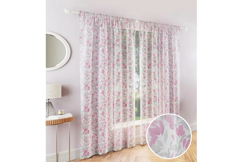 Pink Rod Pocket Mia Pair Of Floral Print Linen Look Voile Panels 140x122cm Pink Rod Pocket Mia Pair Of Floral Print Linen Look Voile Panels 140x122cm