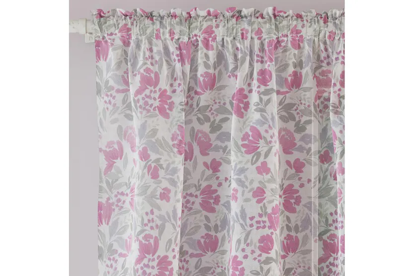 Pink Rod Pocket Mia Pair Of Floral Print Linen Look Voile Panels 140x122cm Pink Rod Pocket Mia Pair Of Floral Print Linen Look Voile Panels 140x122cm