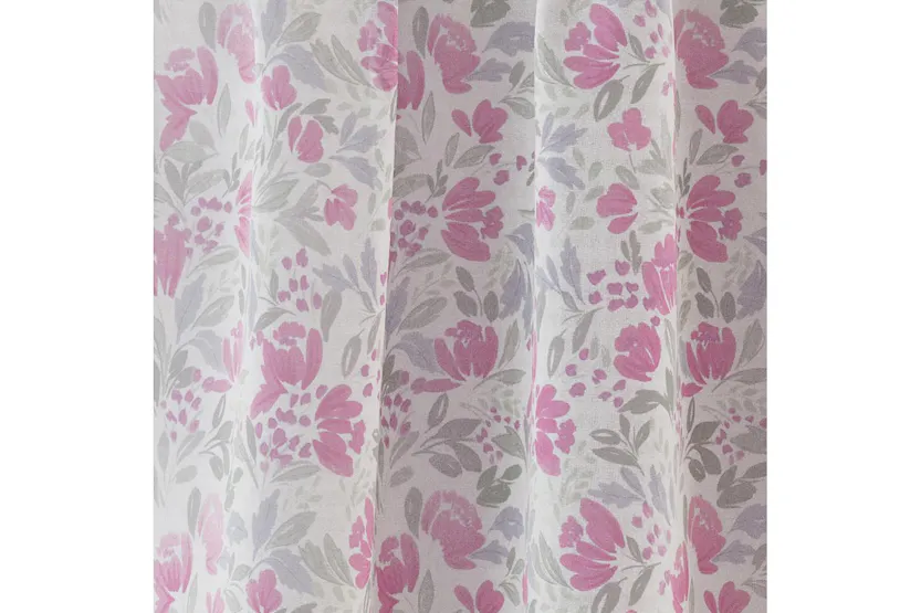 Pink Rod Pocket Mia Pair Of Floral Print Linen Look Voile Panels 140x122cm Pink Rod Pocket Mia Pair Of Floral Print Linen Look Voile Panels 140x122cm