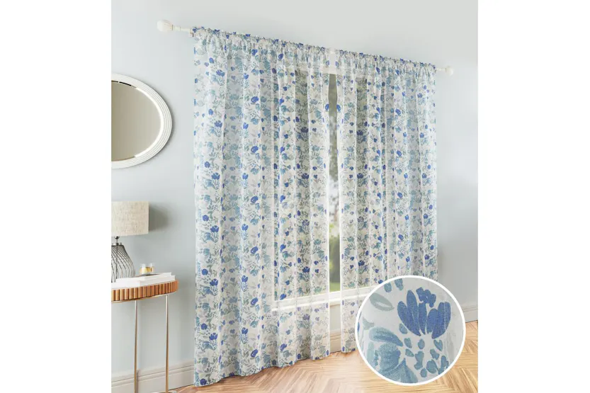 Blue Rod Pocket Mia Pair Of Floral Print Linen Look Voile Panels 140x137cm Blue Rod Pocket Mia Pair Of Floral Print Linen Look Voile Panels 140x137cm