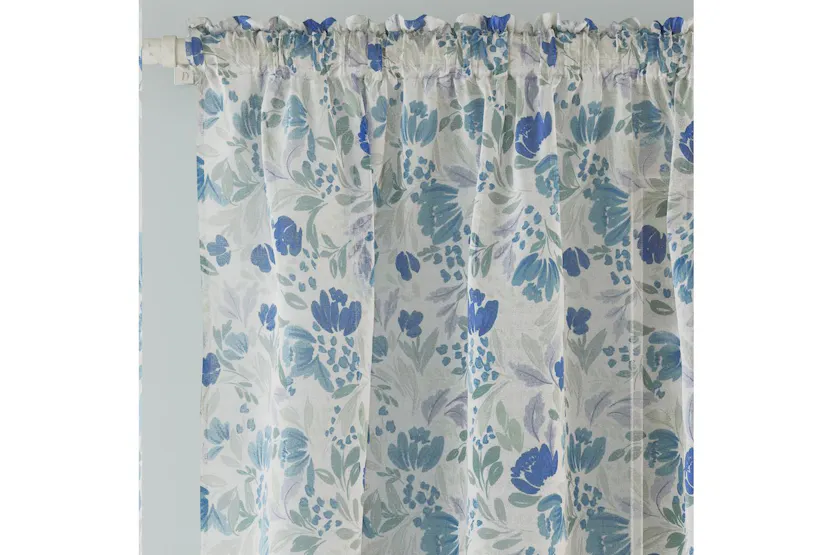 Blue Rod Pocket Mia Pair Of Floral Print Linen Look Voile Panels 140x137cm Blue Rod Pocket Mia Pair Of Floral Print Linen Look Voile Panels 140x137cm
