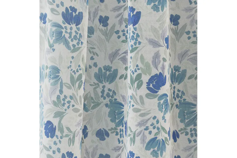 Blue Rod Pocket Mia Pair Of Floral Print Linen Look Voile Panels 140x137cm Blue Rod Pocket Mia Pair Of Floral Print Linen Look Voile Panels 140x137cm