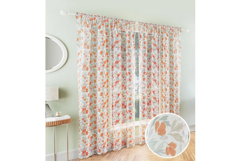 Burnt Orange Rod Pocket Mia Pair Of Floral Print Linen Look Voile Panels 140x229cm Burnt Orange Rod Pocket Mia Pair Of Floral Print Linen Look Voile Panels 140x229cm