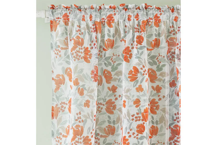 Burnt Orange Rod Pocket Mia Pair Of Floral Print Linen Look Voile Panels 140x229cm Burnt Orange Rod Pocket Mia Pair Of Floral Print Linen Look Voile Panels 140x229cm