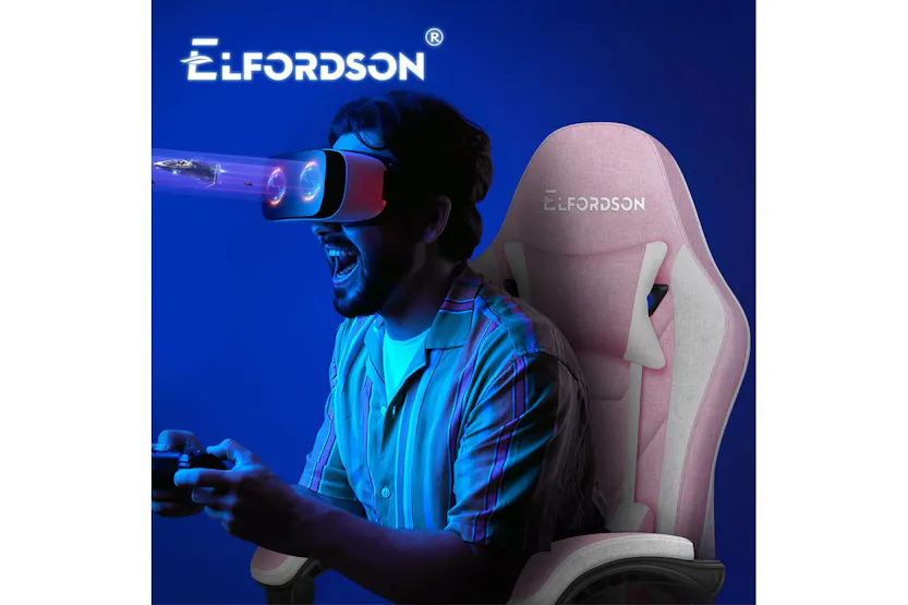 Elfordson Gaming Chair | Pink Fabric Linen High-back | With Massage Lumbar Cushion & Footrest Elfordson Gaming Chair | Pink Fabric Linen High-back | With Massage Lumbar Cushion & Footrest