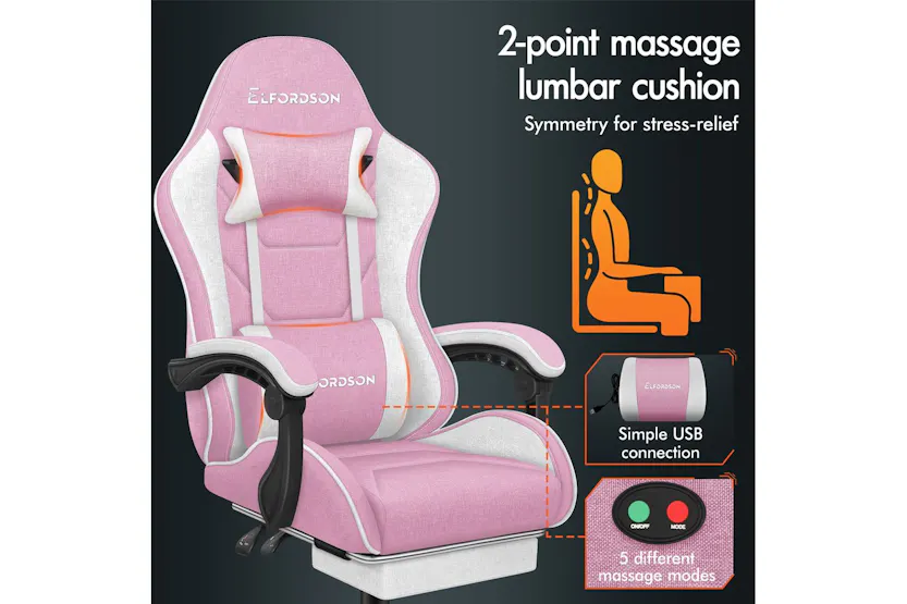 Elfordson Gaming Chair | Pink Fabric Linen High-back | With Massage Lumbar Cushion & Footrest Elfordson Gaming Chair | Pink Fabric Linen High-back | With Massage Lumbar Cushion & Footrest