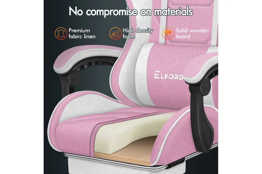 Elfordson Gaming Chair | Pink Fabric Linen High-back | With Massage Lumbar Cushion & Footrest Elfordson Gaming Chair | Pink Fabric Linen High-back | With Massage Lumbar Cushion & Footrest