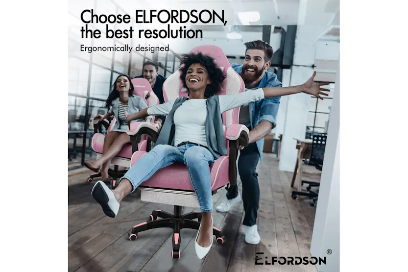 Elfordson Gaming Chair | Pink Fabric Linen High-back | With Massage Lumbar Cushion & Footrest Elfordson Gaming Chair | Pink Fabric Linen High-back | With Massage Lumbar Cushion & Footrest