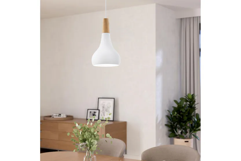 Eglo | Sabinar Metal and Wood Pendant Light | 18 cm | White Eglo | Sabinar Metal and Wood Pendant Light | 18 cm | White
