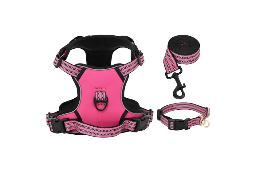 Dog Harness With Lead Collar Adjustable Pink M Dog Harness With Lead Collar Adjustable Pink M
