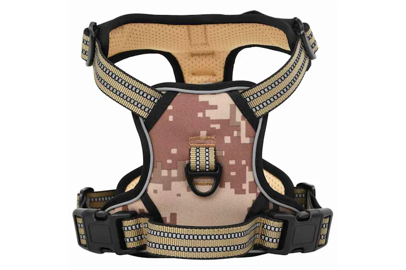 Dog Harness With Reflective Stripes Adjustable Camouflage Brown L Dog Harness With Reflective Stripes Adjustable Camouflage Brown L