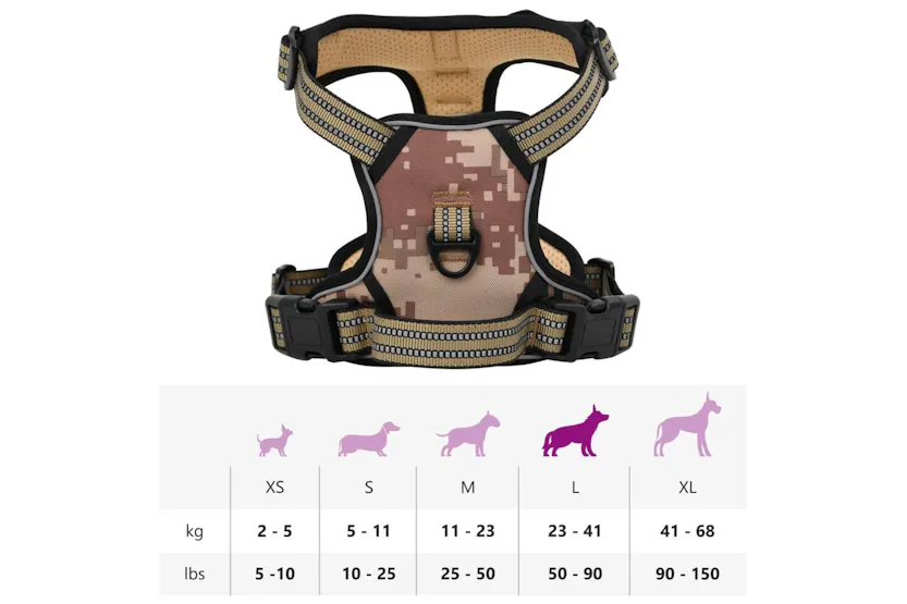 Dog Harness With Reflective Stripes Adjustable Camouflage Brown L Dog Harness With Reflective Stripes Adjustable Camouflage Brown L