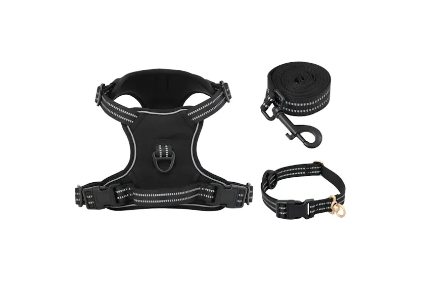 Dog Harness With Lead Collar Adjustable Black L Dog Harness With Lead Collar Adjustable Black L