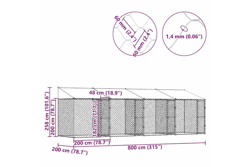 Dog Cage Silver 800 X 200 X 256 Cm Galvanised Steel Dog Cage Silver 800 X 200 X 256 Cm Galvanised Steel