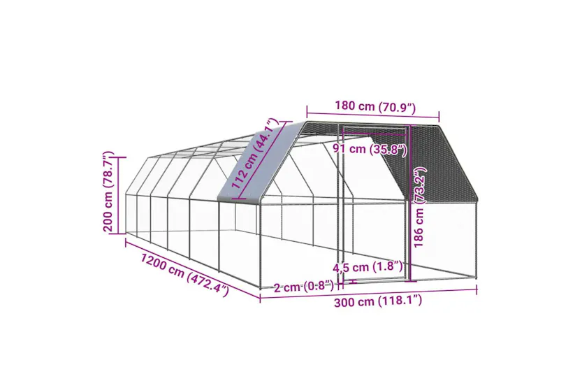 Vidaxl Outdoor Chicken Cage 3x12x2 M Galvanised Steel Vidaxl Outdoor Chicken Cage 3x12x2 M Galvanised Steel