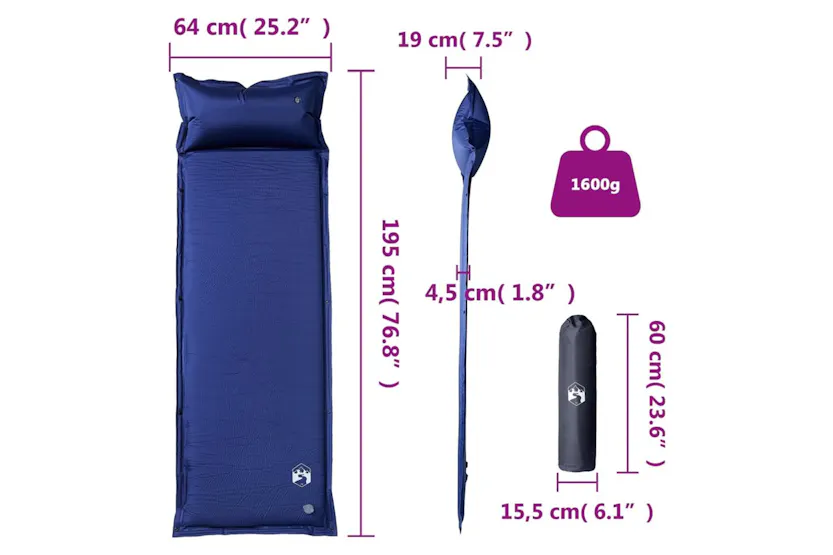 Vidaxl Self Inflating Camping Mattress With Pillow 1-person Navy Blue Vidaxl Self Inflating Camping Mattress With Pillow 1-person Navy Blue