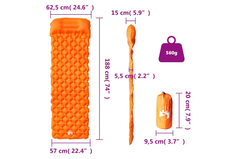 Vidaxl Inflating Camping Mattress With Pillow 1-person Orange Vidaxl Inflating Camping Mattress With Pillow 1-person Orange